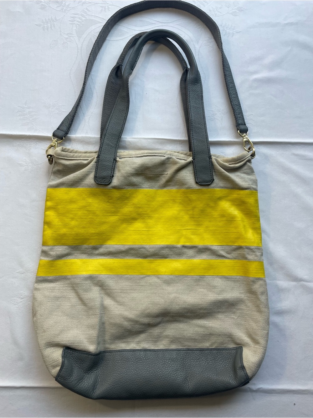 GAP Canvas & Cow Leather Stripe Tote Bag Yellow Beige Crossbody Shoulder Bag
